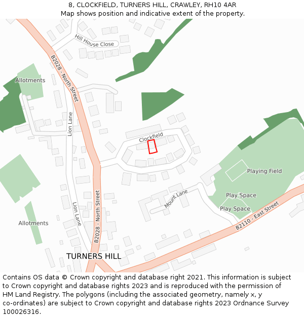 8, CLOCKFIELD, TURNERS HILL, CRAWLEY, RH10 4AR: Location map and indicative extent of plot