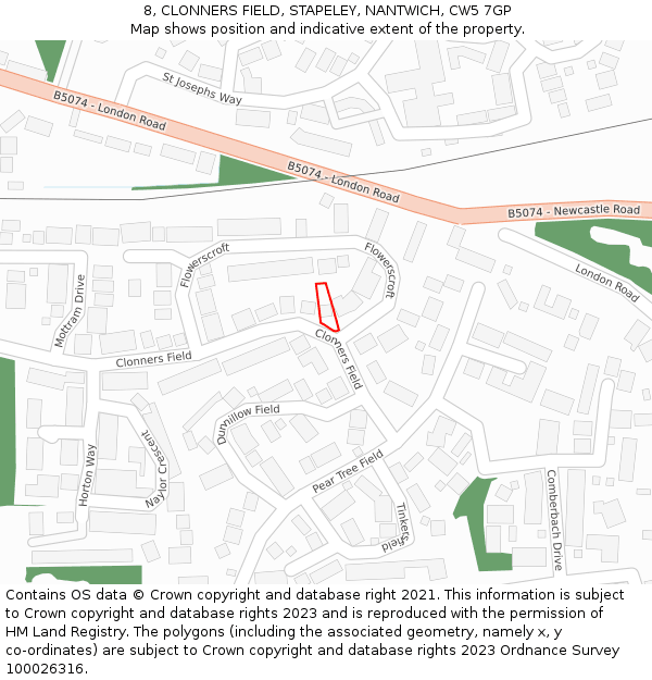 8, CLONNERS FIELD, STAPELEY, NANTWICH, CW5 7GP: Location map and indicative extent of plot
