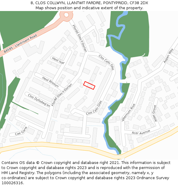 8, CLOS COLLWYN, LLANTWIT FARDRE, PONTYPRIDD, CF38 2DX: Location map and indicative extent of plot