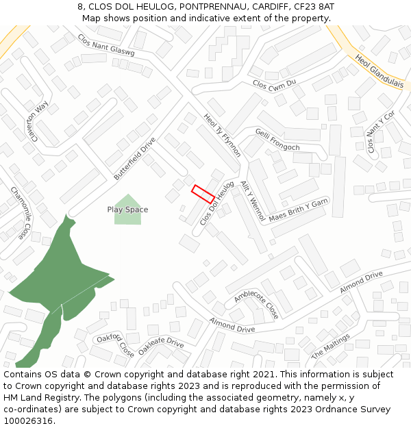 8, CLOS DOL HEULOG, PONTPRENNAU, CARDIFF, CF23 8AT: Location map and indicative extent of plot