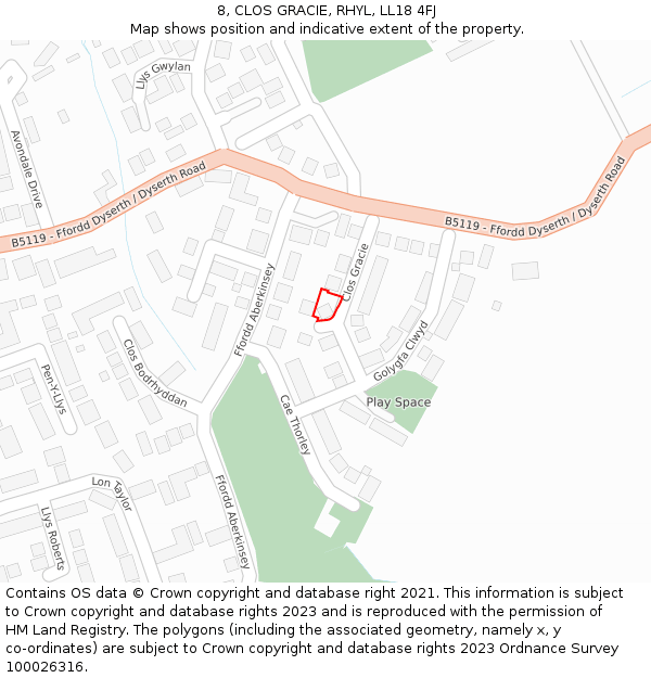 8, CLOS GRACIE, RHYL, LL18 4FJ: Location map and indicative extent of plot