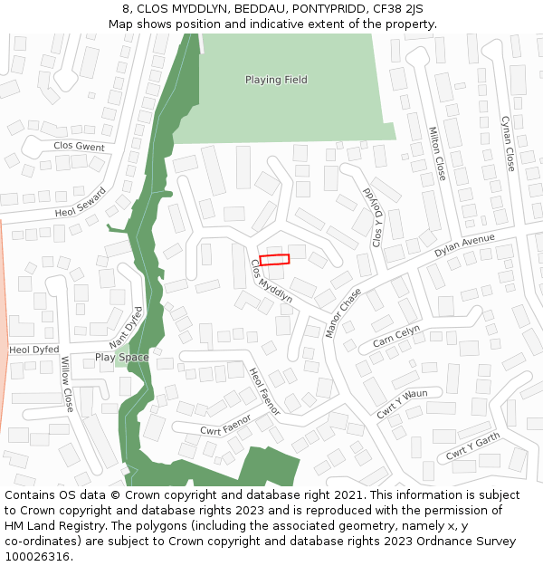 8, CLOS MYDDLYN, BEDDAU, PONTYPRIDD, CF38 2JS: Location map and indicative extent of plot