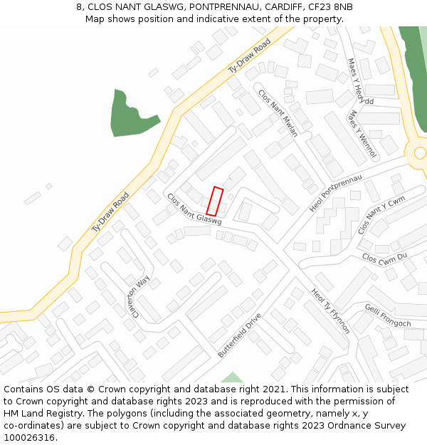 8, CLOS NANT GLASWG, PONTPRENNAU, CARDIFF, CF23 8NB: Location map and indicative extent of plot