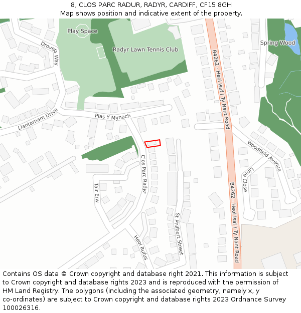 8, CLOS PARC RADUR, RADYR, CARDIFF, CF15 8GH: Location map and indicative extent of plot