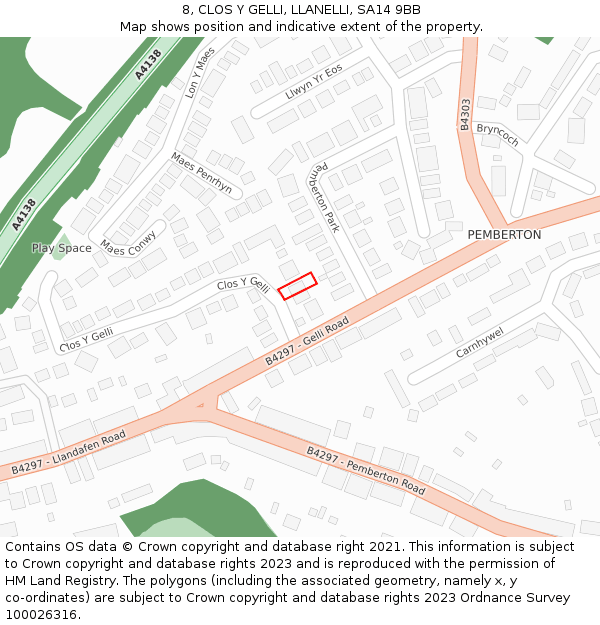 8, CLOS Y GELLI, LLANELLI, SA14 9BB: Location map and indicative extent of plot