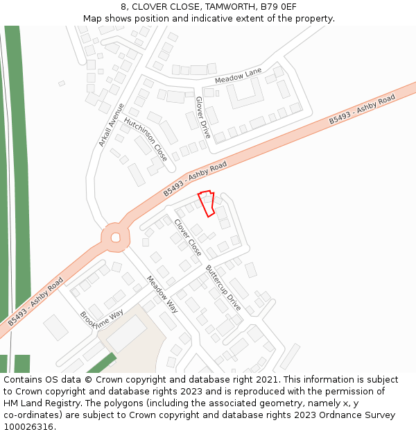 8, CLOVER CLOSE, TAMWORTH, B79 0EF: Location map and indicative extent of plot