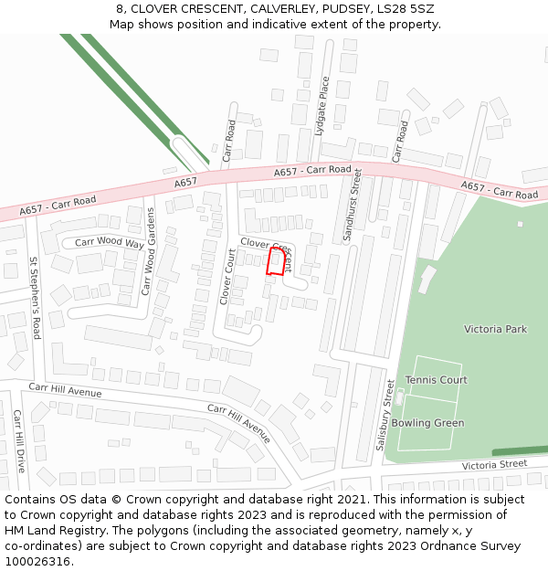 8, CLOVER CRESCENT, CALVERLEY, PUDSEY, LS28 5SZ: Location map and indicative extent of plot