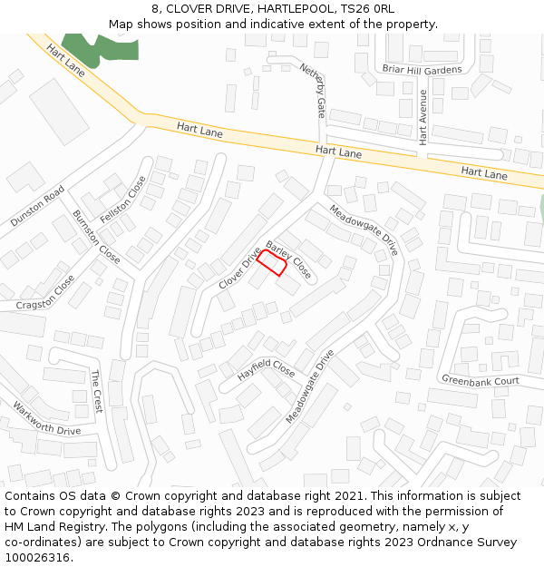 8, CLOVER DRIVE, HARTLEPOOL, TS26 0RL: Location map and indicative extent of plot