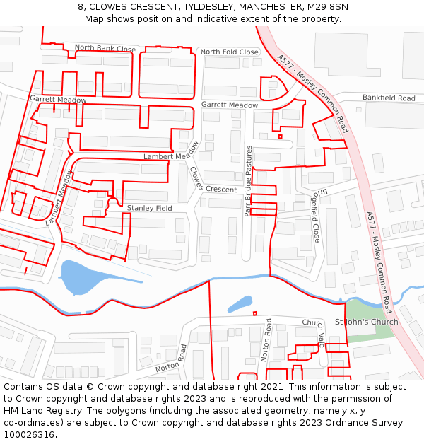 8, CLOWES CRESCENT, TYLDESLEY, MANCHESTER, M29 8SN: Location map and indicative extent of plot
