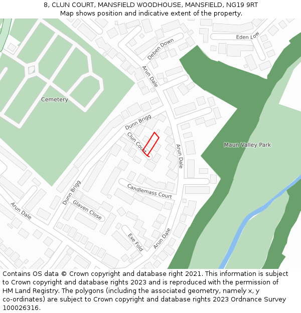 8, CLUN COURT, MANSFIELD WOODHOUSE, MANSFIELD, NG19 9RT: Location map and indicative extent of plot