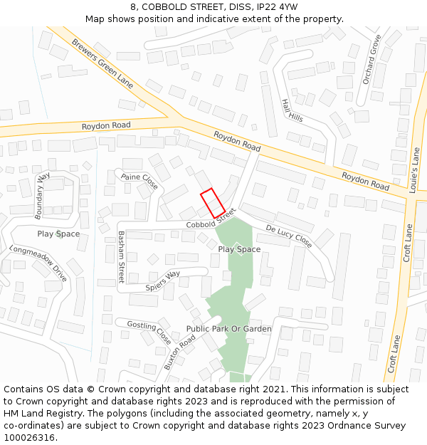 8, COBBOLD STREET, DISS, IP22 4YW: Location map and indicative extent of plot