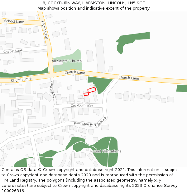 8, COCKBURN WAY, HARMSTON, LINCOLN, LN5 9GE: Location map and indicative extent of plot