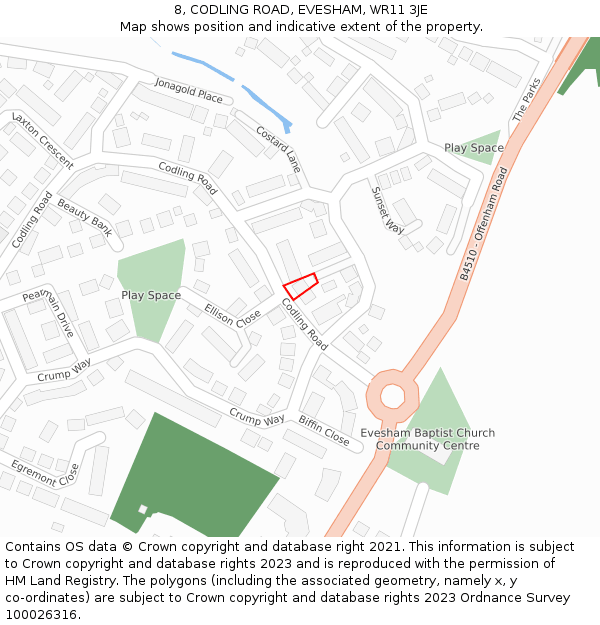 8, CODLING ROAD, EVESHAM, WR11 3JE: Location map and indicative extent of plot