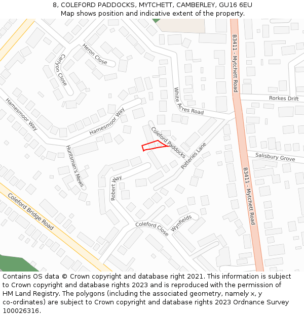 8, COLEFORD PADDOCKS, MYTCHETT, CAMBERLEY, GU16 6EU: Location map and indicative extent of plot