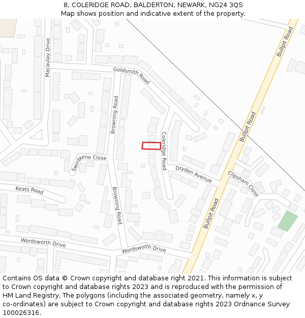 8, COLERIDGE ROAD, BALDERTON, NEWARK, NG24 3QS: Location map and indicative extent of plot