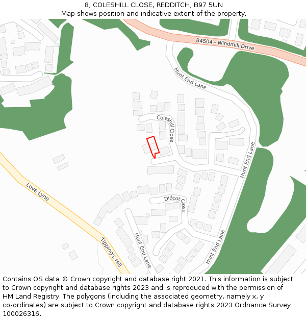 8, COLESHILL CLOSE, REDDITCH, B97 5UN: Location map and indicative extent of plot