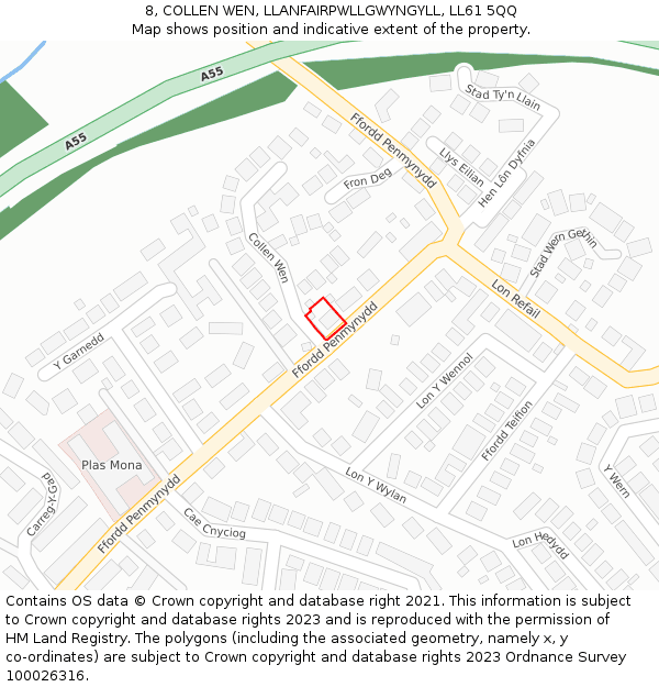8, COLLEN WEN, LLANFAIRPWLLGWYNGYLL, LL61 5QQ: Location map and indicative extent of plot