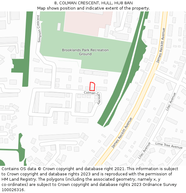 8, COLMAN CRESCENT, HULL, HU8 8AN: Location map and indicative extent of plot