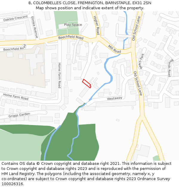 8, COLOMBELLES CLOSE, FREMINGTON, BARNSTAPLE, EX31 2SN: Location map and indicative extent of plot