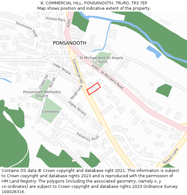 8, COMMERCIAL HILL, PONSANOOTH, TRURO, TR3 7EP: Location map and indicative extent of plot