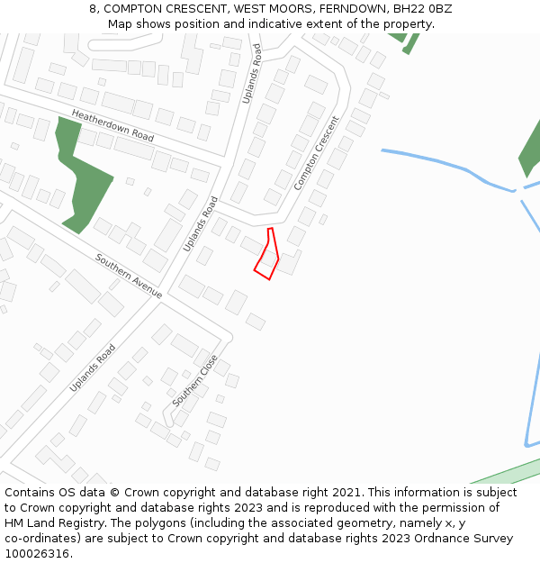 8, COMPTON CRESCENT, WEST MOORS, FERNDOWN, BH22 0BZ: Location map and indicative extent of plot