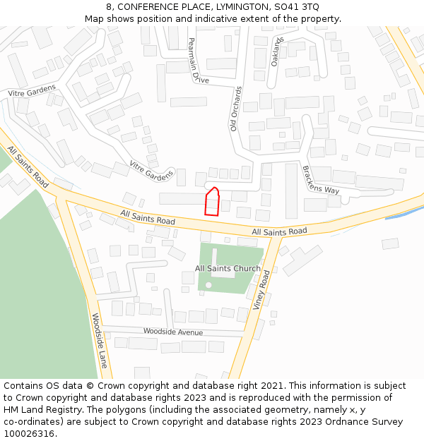 8, CONFERENCE PLACE, LYMINGTON, SO41 3TQ: Location map and indicative extent of plot