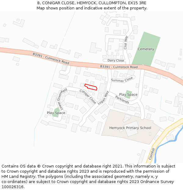 8, CONIGAR CLOSE, HEMYOCK, CULLOMPTON, EX15 3RE: Location map and indicative extent of plot