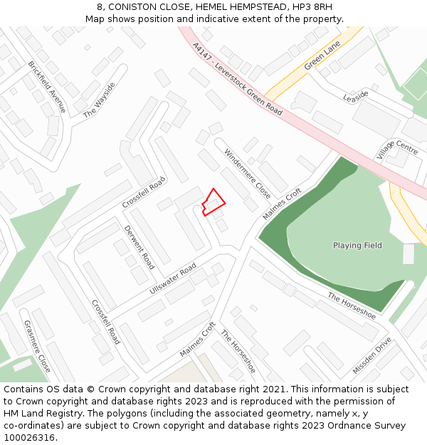 8, CONISTON CLOSE, HEMEL HEMPSTEAD, HP3 8RH: Location map and indicative extent of plot