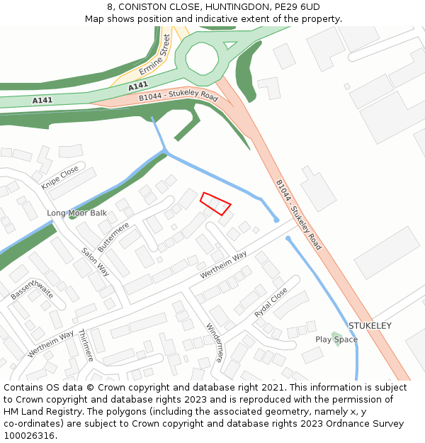 8, CONISTON CLOSE, HUNTINGDON, PE29 6UD: Location map and indicative extent of plot