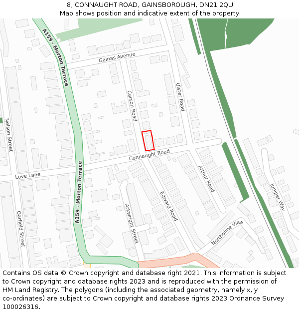 8, CONNAUGHT ROAD, GAINSBOROUGH, DN21 2QU: Location map and indicative extent of plot