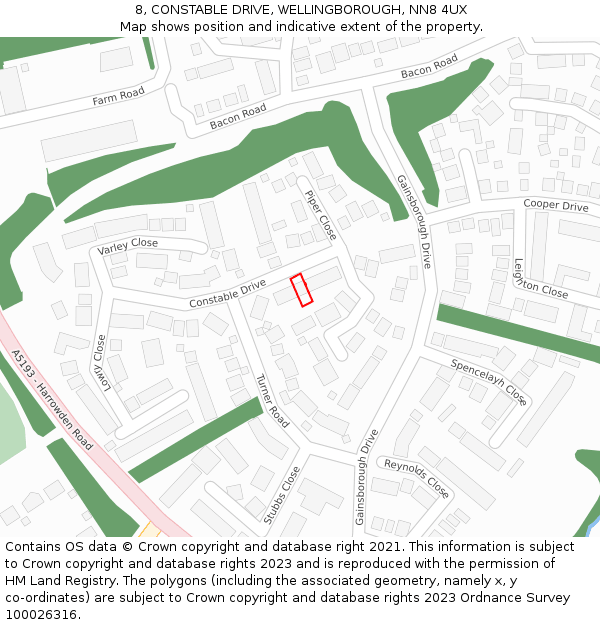 8, CONSTABLE DRIVE, WELLINGBOROUGH, NN8 4UX: Location map and indicative extent of plot