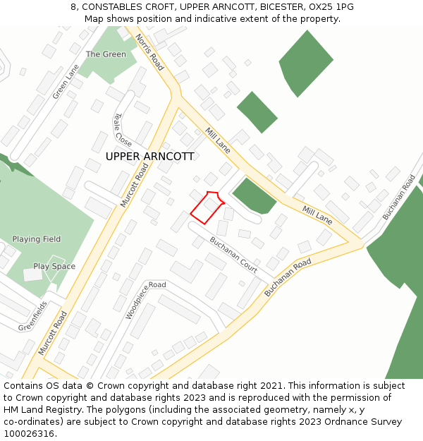 8, CONSTABLES CROFT, UPPER ARNCOTT, BICESTER, OX25 1PG: Location map and indicative extent of plot