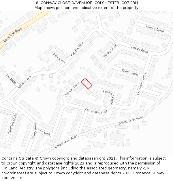 8, CONWAY CLOSE, WIVENHOE, COLCHESTER, CO7 9RH: Location map and indicative extent of plot