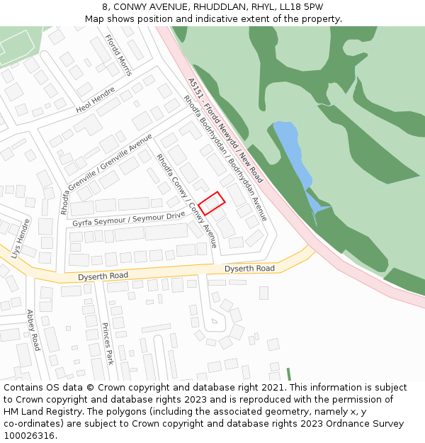 8, CONWY AVENUE, RHUDDLAN, RHYL, LL18 5PW: Location map and indicative extent of plot