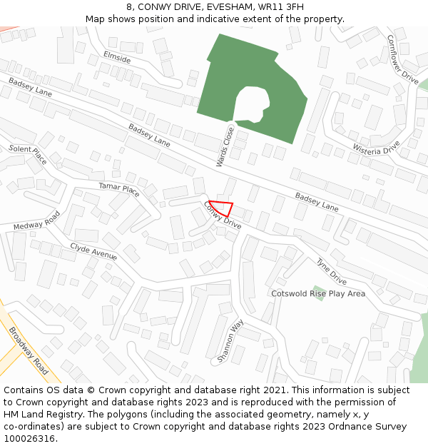 8, CONWY DRIVE, EVESHAM, WR11 3FH: Location map and indicative extent of plot