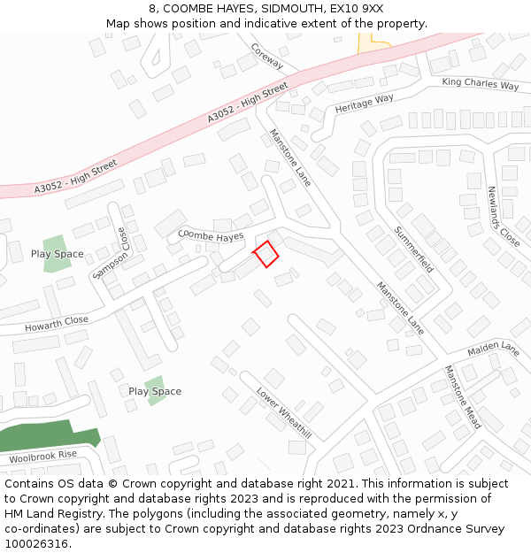 8, COOMBE HAYES, SIDMOUTH, EX10 9XX: Location map and indicative extent of plot