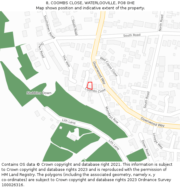 8, COOMBS CLOSE, WATERLOOVILLE, PO8 0HE: Location map and indicative extent of plot