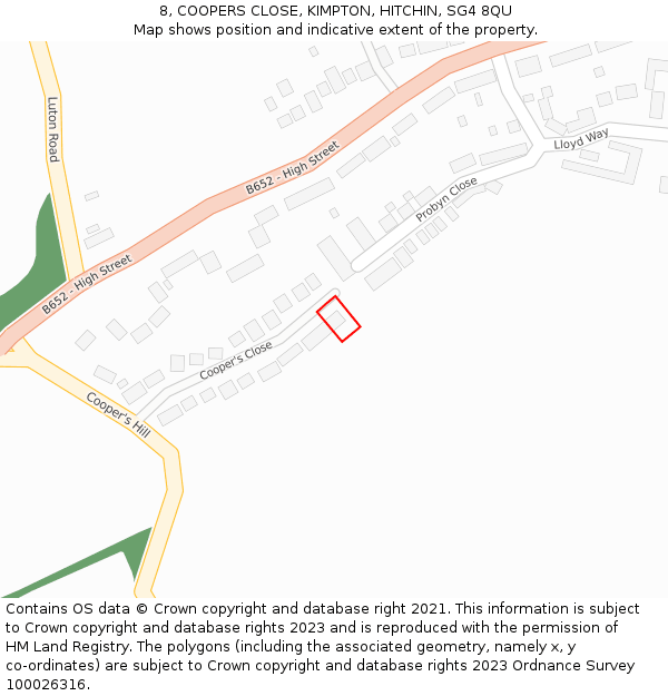8, COOPERS CLOSE, KIMPTON, HITCHIN, SG4 8QU: Location map and indicative extent of plot