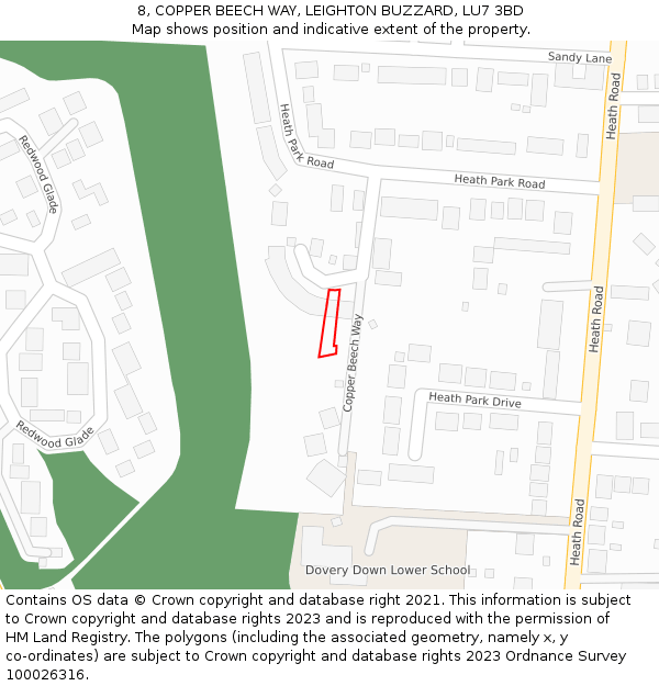8, COPPER BEECH WAY, LEIGHTON BUZZARD, LU7 3BD: Location map and indicative extent of plot