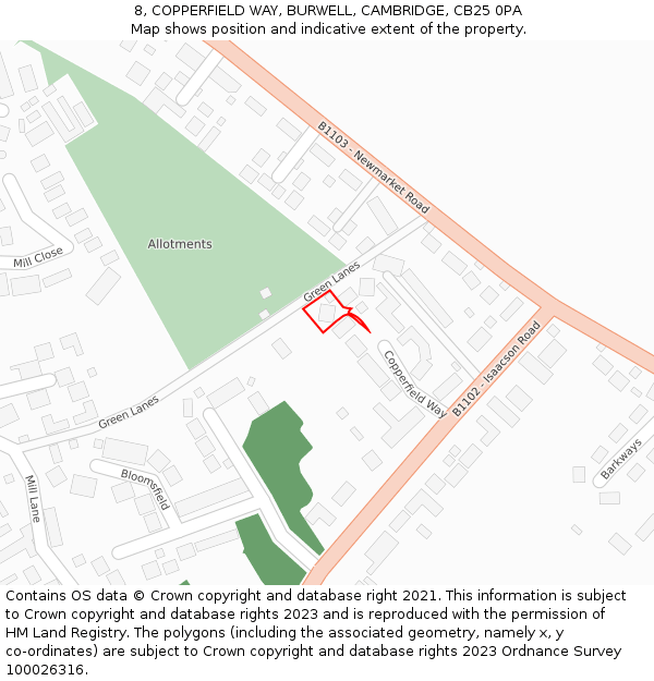 8, COPPERFIELD WAY, BURWELL, CAMBRIDGE, CB25 0PA: Location map and indicative extent of plot