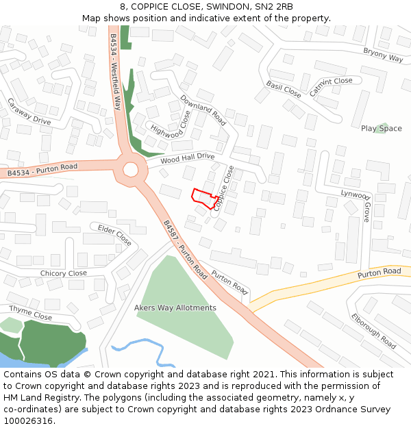 8, COPPICE CLOSE, SWINDON, SN2 2RB: Location map and indicative extent of plot