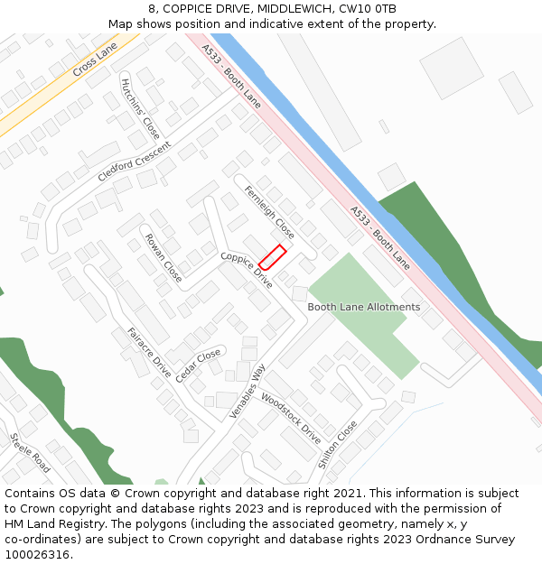 8, COPPICE DRIVE, MIDDLEWICH, CW10 0TB: Location map and indicative extent of plot