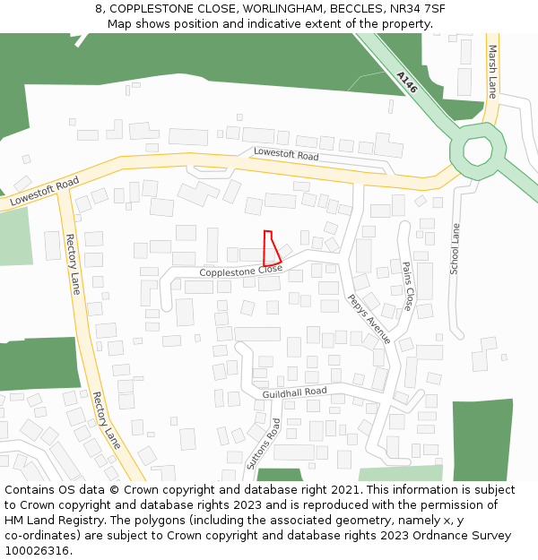 8, COPPLESTONE CLOSE, WORLINGHAM, BECCLES, NR34 7SF: Location map and indicative extent of plot