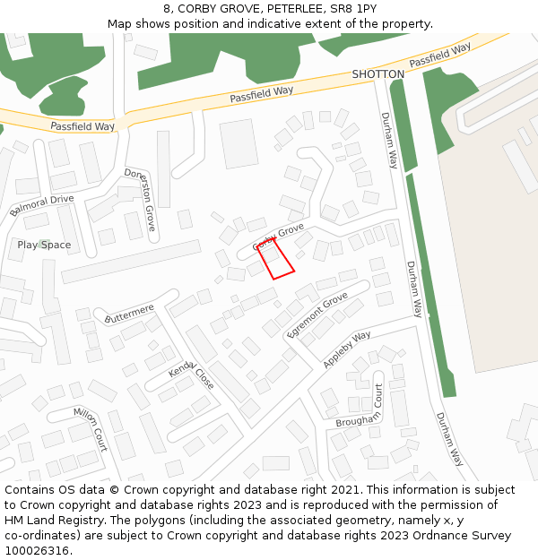 8, CORBY GROVE, PETERLEE, SR8 1PY: Location map and indicative extent of plot