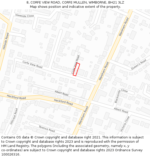 8, CORFE VIEW ROAD, CORFE MULLEN, WIMBORNE, BH21 3LZ: Location map and indicative extent of plot