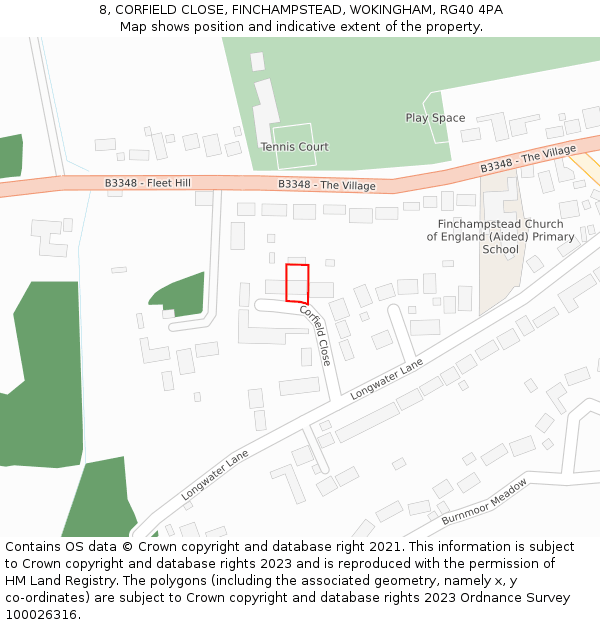 8, CORFIELD CLOSE, FINCHAMPSTEAD, WOKINGHAM, RG40 4PA: Location map and indicative extent of plot