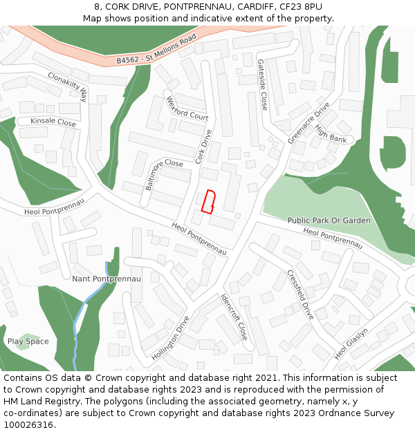 8, CORK DRIVE, PONTPRENNAU, CARDIFF, CF23 8PU: Location map and indicative extent of plot