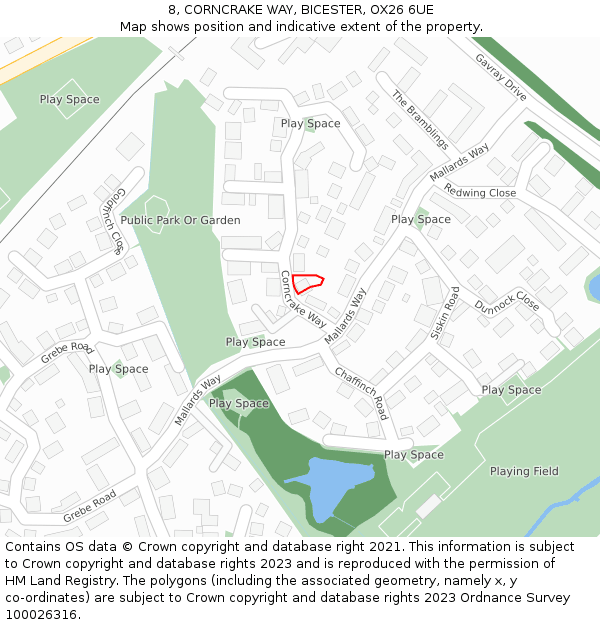 8, CORNCRAKE WAY, BICESTER, OX26 6UE: Location map and indicative extent of plot