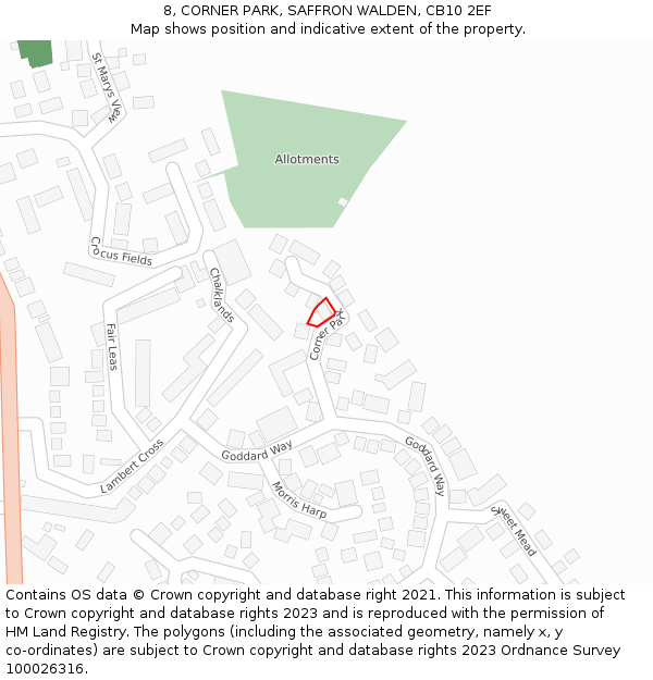 8, CORNER PARK, SAFFRON WALDEN, CB10 2EF: Location map and indicative extent of plot