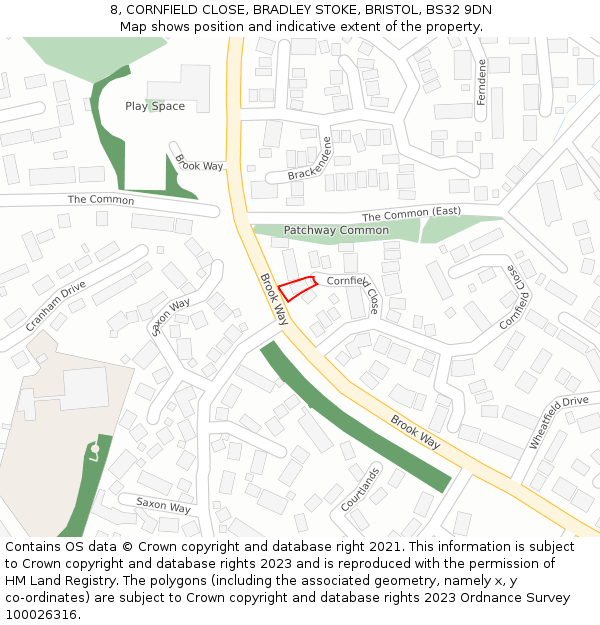 8, CORNFIELD CLOSE, BRADLEY STOKE, BRISTOL, BS32 9DN: Location map and indicative extent of plot